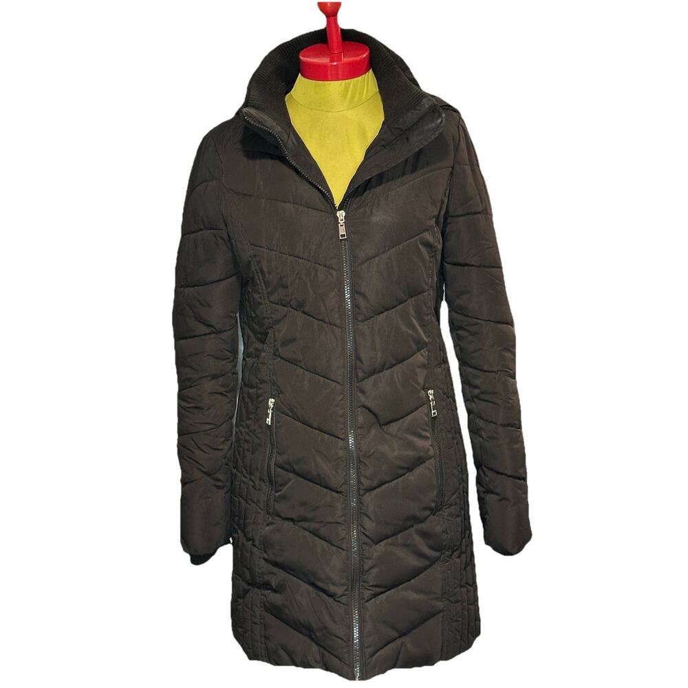 Tommy Hilfiger Puffer Quilted Black Jacket Long Coat Women Small With Hood